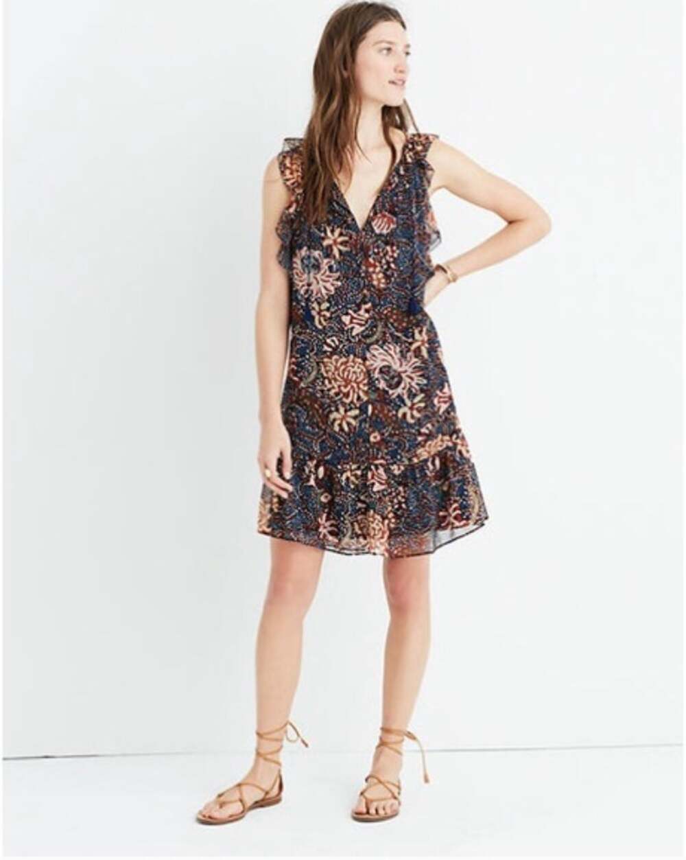 MADEWELL Navy Sea Floral Lily Ruffle Dress G6471 // S